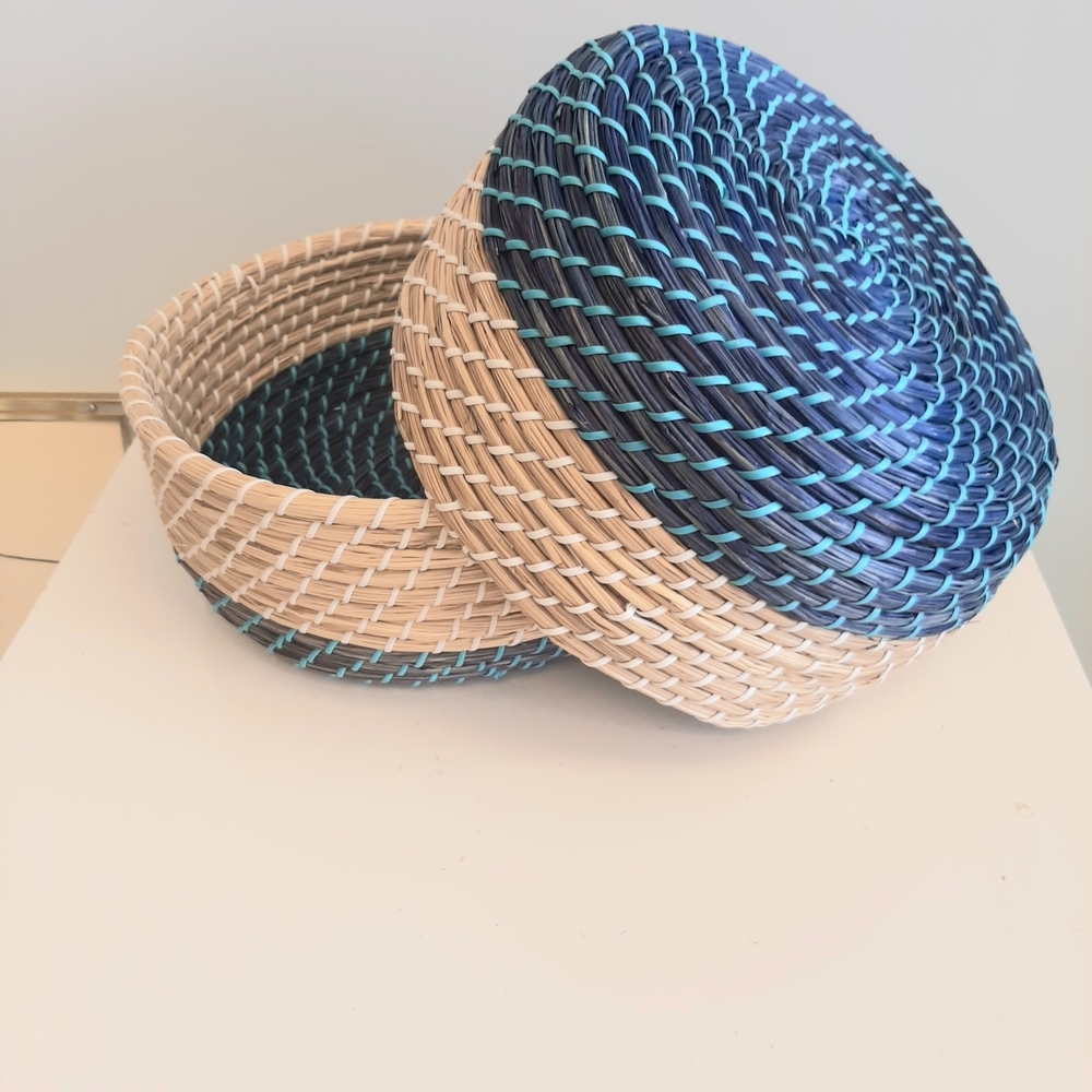 Handwoven Blue and Tan Basket